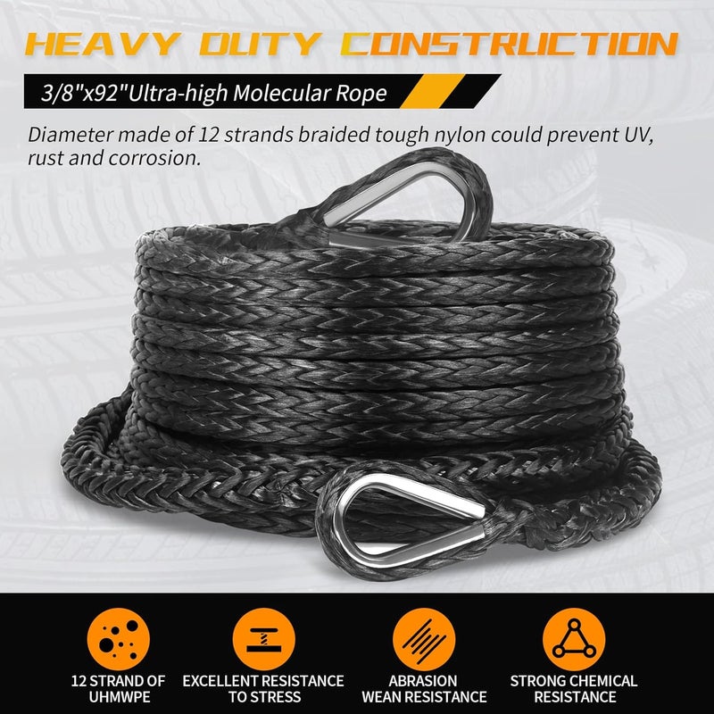 AlltoAuto 3/8 Inch x 92 Feet Synthetic Winch Rope Extension 26,500 Lbs for Off Road Vehicle ATV UTV SUV Black - Image 3